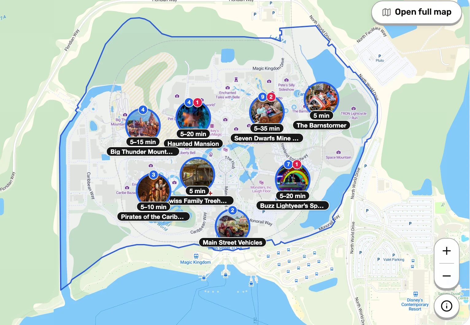The Parkday live map showing Magic Kingdom with a wait time pinned on every ride