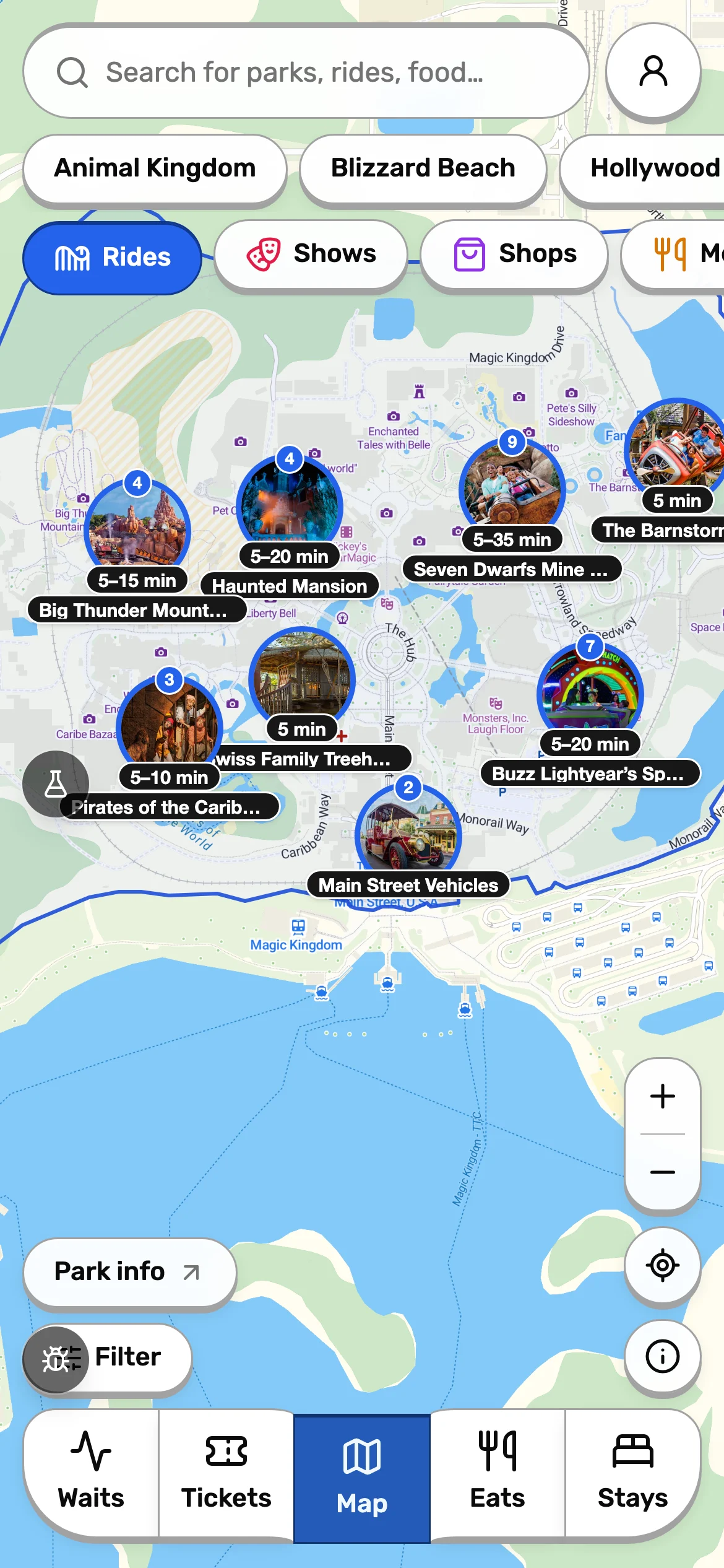 The Parkday live map on a phone, zoomed to Magic Kingdom with a wait time on every ride